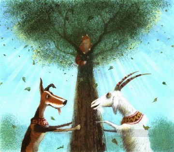 Funny Pets Painting - fairy tales dog and goat catch cat facetious humor pet